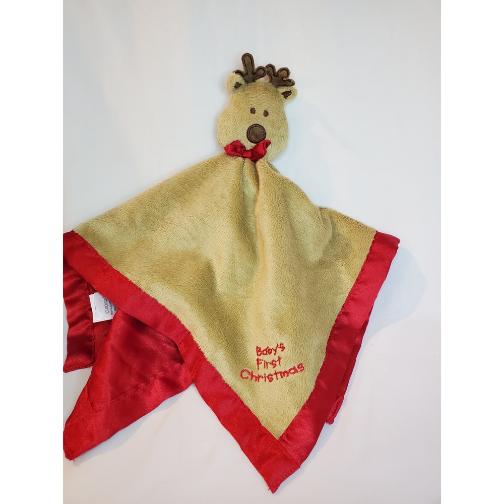 Baby Reindeer Security Blanket Lovey First Christmas Embroidered Plush Red Satin